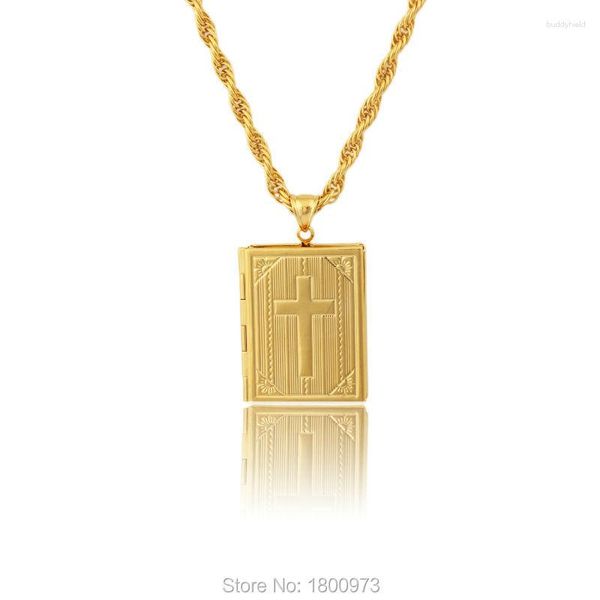 Anhänger Halsketten Kreuz Männer18K Gold Farbe Heilige Bibel Buch PO Medaillon Halskette JesusKreuz Schmuck Für Frauen mit 45 cm 60 cm Kette