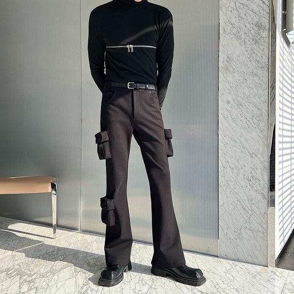 Calças masculinas masculino preto escuro hip hop calças chiques modelagem homens 3d bolso streetwear moda slim fit carga queimado