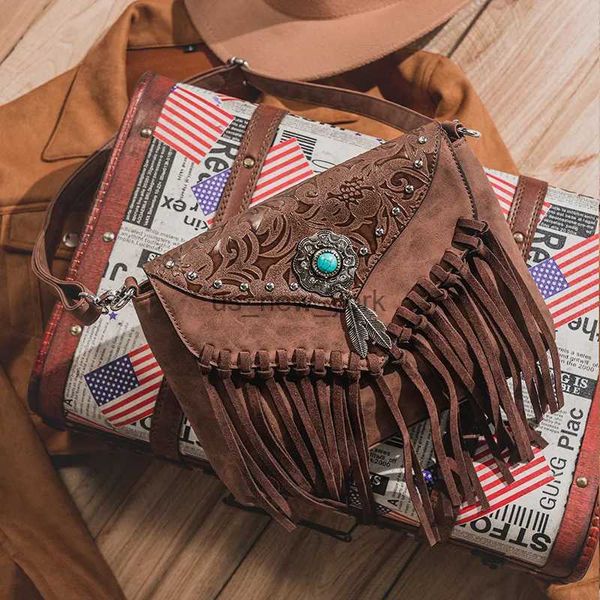 TOTES CELELA Western Tasarım Omuz Çantaları Kadınlar İçin Vintage Messenger Perçin Tassel Tasarımcı Lüks Çantalar Etnik Debriyaj Batı Çanta 240407