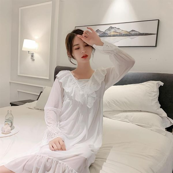 Mulheres sleepwear branco doce babados guarnição longa camisola senhoras gola quadrada malha princesa camisola verão outono manga completa casa vestido