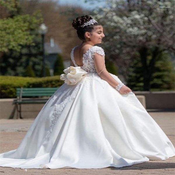 Mädchenkleider, elegante weiße Blume, für Hochzeit, Spitze, lange Ärmel, hohler Rücken, bodenlang, Erstkommunion, 2–14 Jahre