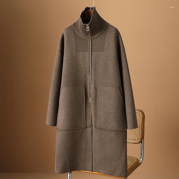 Lässige Kleider Kaffeefarbener Kaschmir-Trenchcoat für Damen Herbst 2023 Hoher Kragen Große Tasche Mantel Wolle