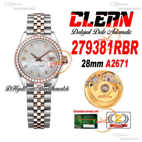 Clean Factory CF 279381RBR A2671 Relógio Automático Feminino 28mm Dois Tons RG Daimonds Moldura MOP Dial 904L Jubileesteel Pulseira Super Versão Feminina Puretimewatch