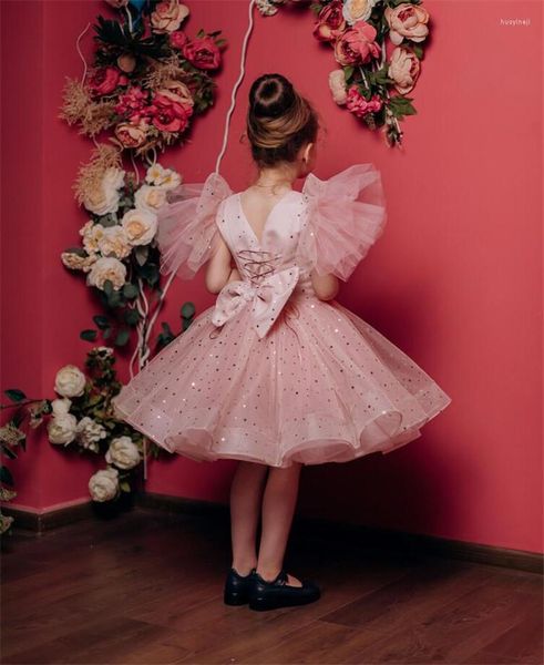 Vestidos de menina rosa tule vestido fantasia festa de aniversário do bebê o pescoço glitter lantejoulas flor pageant vestido 1-14t