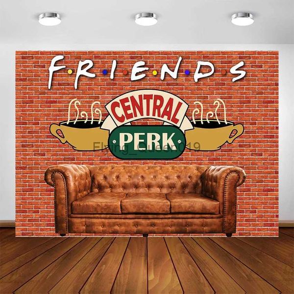 Hintergrundmaterial „Friends Central Perk Pub-Hintergrund, rote Backsteinmauer, Sofa, Café, Hintergrund, Freunde-Motto-Geburtstagsfeier, Fotoautomaten-Hintergründe YQ231003