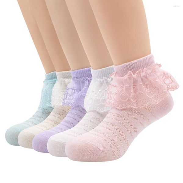 Meias femininas 5 pares, bebê meninas algodão renda princesa cor sólida branco rosa roxo vestido de festa dança para crianças de 2-5-7-9 anos