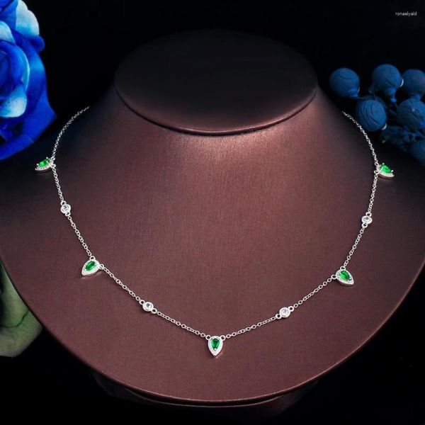 Correntes ThreeGraces Est Moda Verde Cubic Zirconia Prata Cor Charme Água Gota Link Chain Colar para Mulheres Partido Jóias PN171