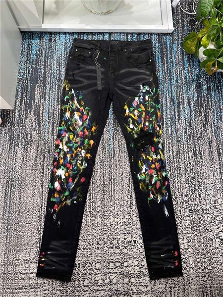 Jeans masculinos am calças moda pintura pintura joelho rasgado preto streetwear magro estiramento calças casuais na moda masculino calça