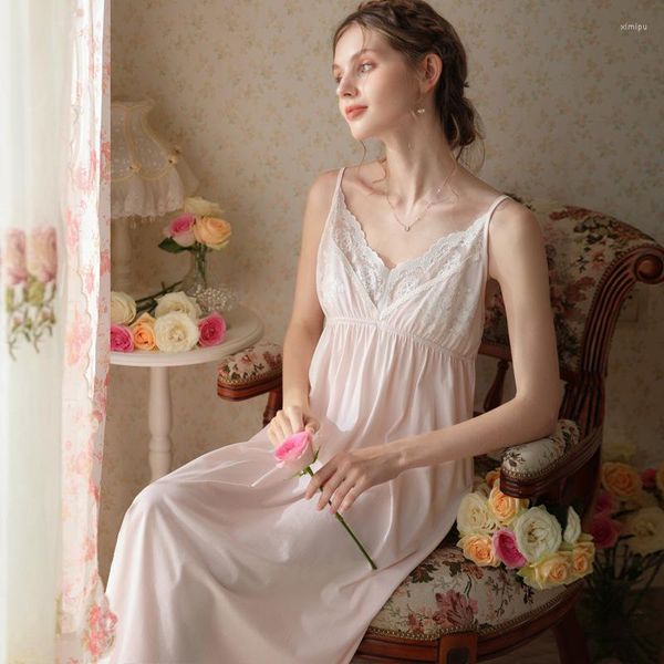 Mulheres sleepwear verão sem mangas longo vestido de noite mulheres algodão sexy renda v pescoço robe nightwear princesa vintage nightgown loungewear