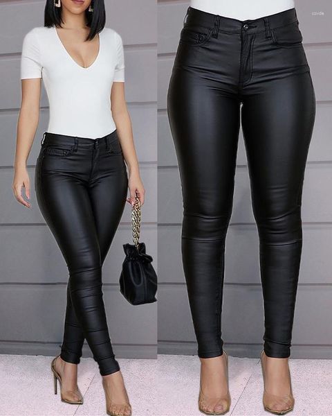 Calças femininas zíper design cintura alta couro do plutônio magro 2023 outono feminino longo lápis leggings bolsos sexy apertado calças retas