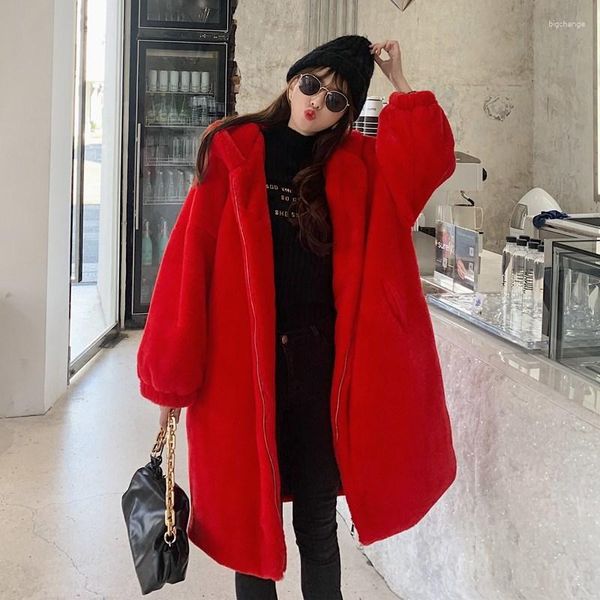 Frauen Pelz Mode Red Zipper Mit Kapuze Langen Mantel Frauen Winter Dicke Warme Lose Tasche Hülse Mantel Jacke Weibliche