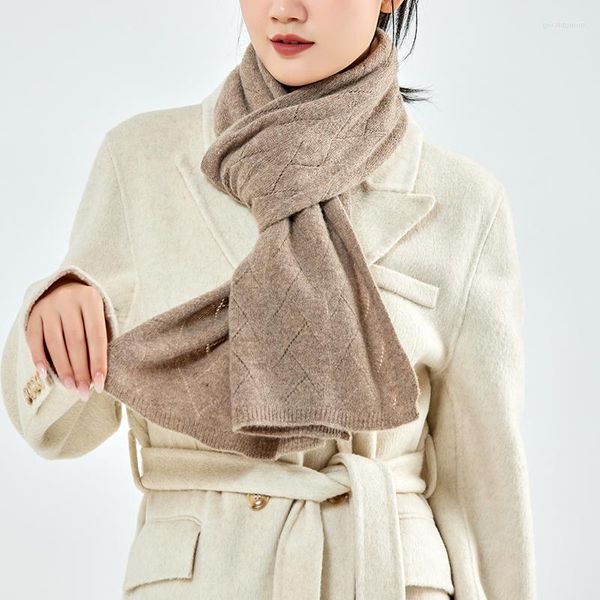 Lenços de lã pura mulheres cachecol de malha inverno cor sólida macio quente longo xale coreia moda diamante oco envoltórios
