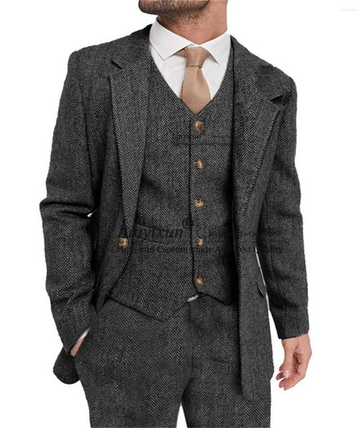 Männer Anzüge Grau Fischgräten Wolle Slim Fit Bräutigam Smoking 3 Stück Set Traje Hombre Business Männlich Wroking Blazer Terno masculino