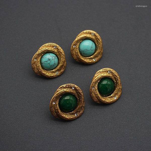 Brincos de garanhão Tribunal antigo de pedra natural Golden Golden Turquoise Autumn Winter Vintage Round Piercing