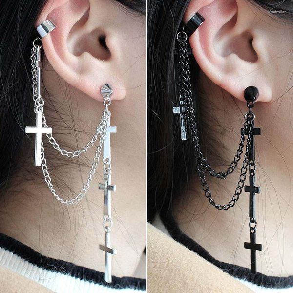 Brincos pendurados punk gótico preto cruz borla para mulheres homens exagerados corrente de metal falso piercing festa jóias presente