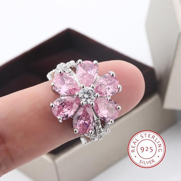 Anéis de cluster requintado colorido zircão 925 anel de prata mulheres para moda flores rosa festa de noivado jóias pêssego