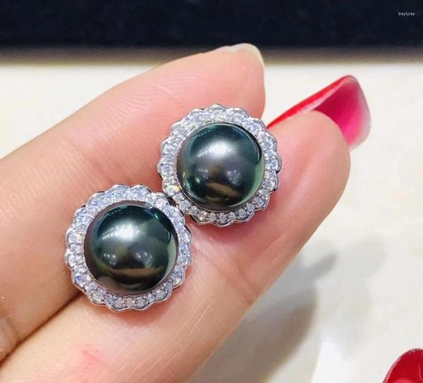 Stud Küpe Hengsheng 9-10mm Tahiti Doğal-okyanus Yuvarlak Siyah İnciler Kadınlar için 925 Sterling Silve İnce Mücevherat