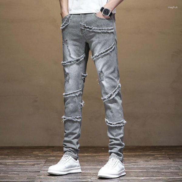 Jeans masculinos na moda marca bonito e personalizado verão bordado borda de pele 2023 tendência elástica mens