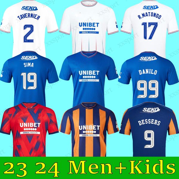 2023 2024 Glasgow Rangers Futebol Jerseys SIMA HAGI DAVIS Home Away Sobremesas Sakala JACK TAVERNIER DANILO YILMAZ LUNDSTRAM 3º 23 24 Futebol Homens Crianças Fãs Camisa Kits