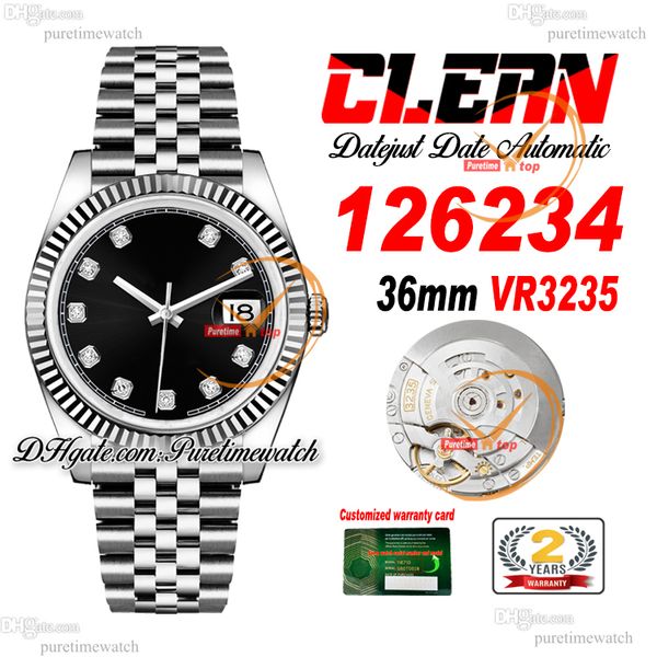 Clean Factory CF 126234 VR3235 Orologio automatico unisex Orologi da donna da uomo 36mm Quadrante con diamanti neri 904L Bracciale Jubileesteel Super Version Puretimewatch 0027