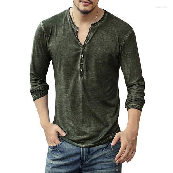 Homens camisetas Homens Camiseta V-Pescoço Manga Longa TeeTops Botões Elegantes T-shirt 2023 Outono Casual Henley Sólido Roupas Masculinas 5XL