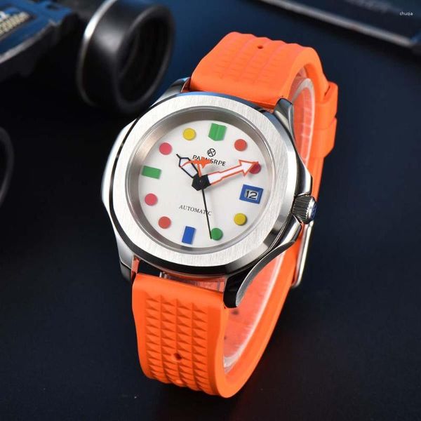 Relógios de pulso clássico masculino esporte relógio mecânico estéril dial escovado safira caixa de vidro pulseira de silicone transparente caseback