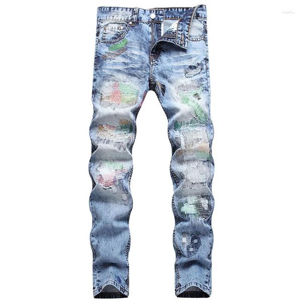 Jeans masculinos casuais bordados coloridos na moda homens fino ajuste pés pequenos meados de cintura calças jeans streetwear pantalones hombre