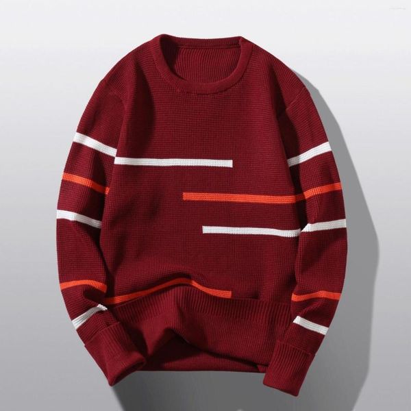 Herrenpullover Koreanischer Pullover Männer Einfarbiger Liniendruck Pullover Harajuku Lässiger O-Ausschnitt Oversize Top Streetwear Unisex Herbst Gestrickte Hemden