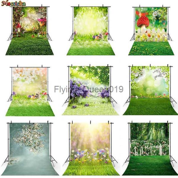 Hintergrundmaterial Frühlingslandschaft Hintergrund Osterei Grasland Märchen Wald Kinder Neugeborene Blumen Pilze Elfen Blumen Fotohintergrund YQ231003