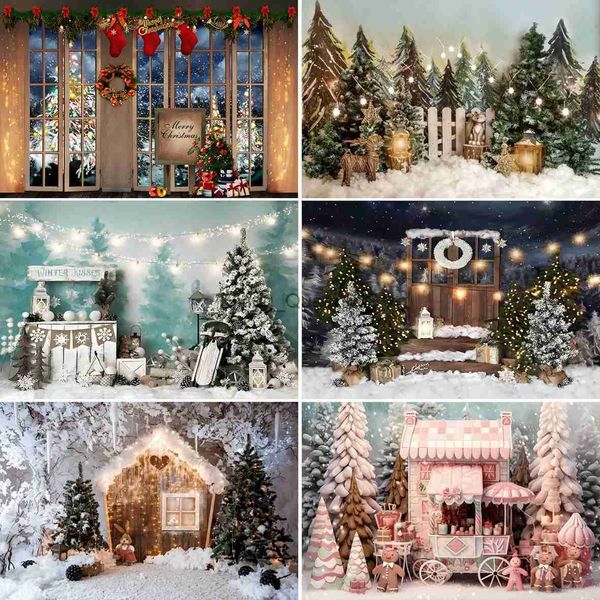 Materiale di sfondo di Natale Casa di legno Foto Backdrop inverno Snow Forest Op Tree Decor Kids Retrait Fotografia per interni Sfondo decorazione della stanza YQ231003