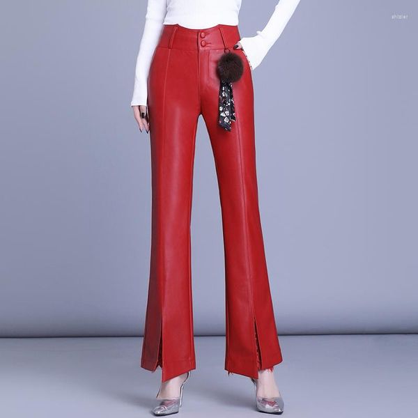 Calças femininas primavera outono mulheres cintura alta preto vermelho pu couro flare renda patchwork tornozelo comprimento moda calças para mulheres