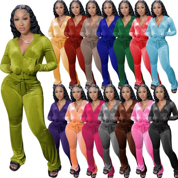 Designer Velvet Tracksuits XS Outono Inverno Mulheres Sweatsuits Manga Longa Jaqueta Com Capuz e Calças Flare Conjuntos de Duas Peças Roupas Casuais Ternos Esportivos Roupas em massa