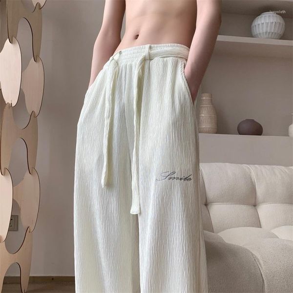 Calças masculinas a cortina gelo seda verão fino de secagem rápida solto de pernas largas ins maré dobra lazer longo moda coreana