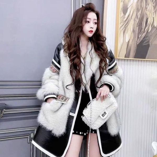 Frauen Pelz 2023 Frauen Winter Faux Mantel Mid-länge Mantel Gespleißt Halb CollarJacket Motor Storm Verdicken Lose Mode outwear