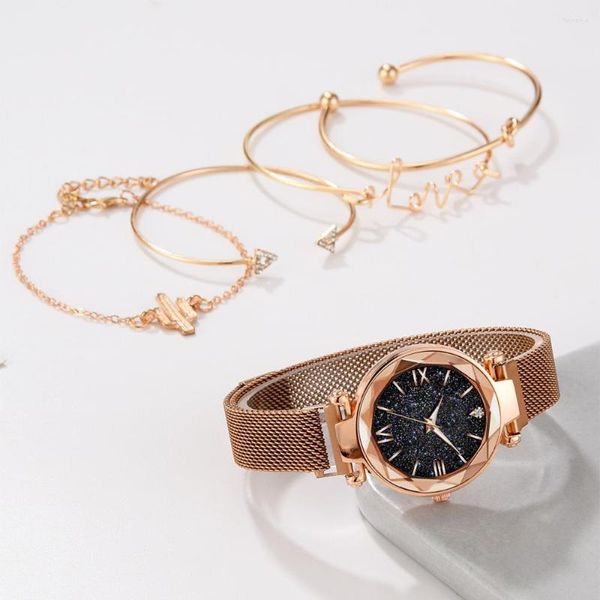 Armbanduhren Roségold Sternenhimmel Zifferblatt Uhren Damen Damen Kristallarmband Quarz-Armbanduhr 5-teiliges Set