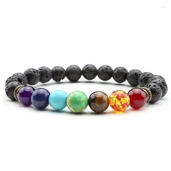 Braccialetti con ciondoli Bracciale 7 Chakra Uomo Lava nera Guarigione Equilibrio Perline Preghiera del Buddha Pietra naturale Yoga Diffusore di olio essenziale Donna