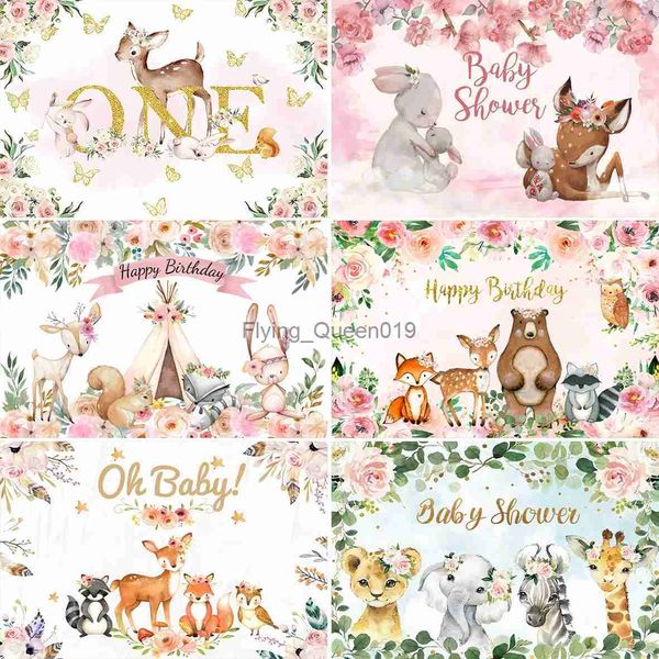 Material de fundo Laeacco Baby Shower Backdrops para fotografia Safari Fox Deer Tent Flores Batismo Festa Personalizado Foto Fundo Photostudio YQ231003