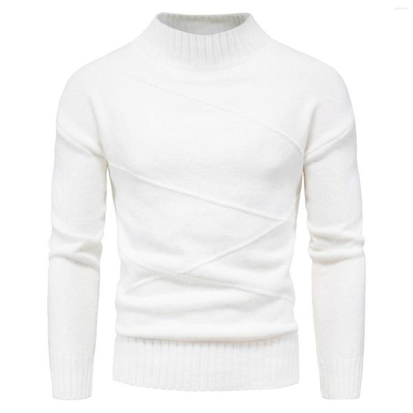 Suéter masculino de gola alta de inverno, suéter branco casual, gola simulada, malha macia, manter quente, jumper de malha