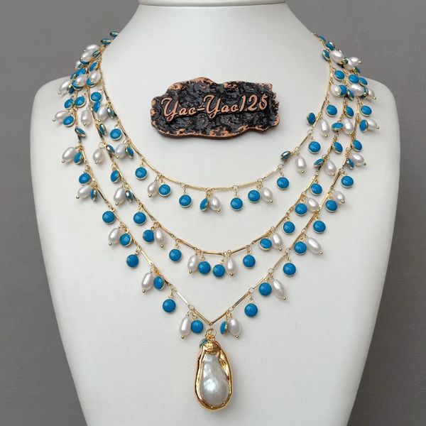 Ожерелья с подвесками, 3 нити, 19 дюймов, пресноводный белый рисовый жемчуг, синяя эмалированная цепочка, ожерелье Keshi 230928