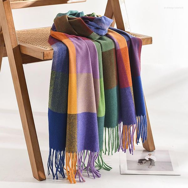 Шарфы 172 72 см, цветной клетчатый кашемировый шарф для женщин, зимний толстый теплый длинный платок с кисточками, модные лоскутные цветные женские шарфы