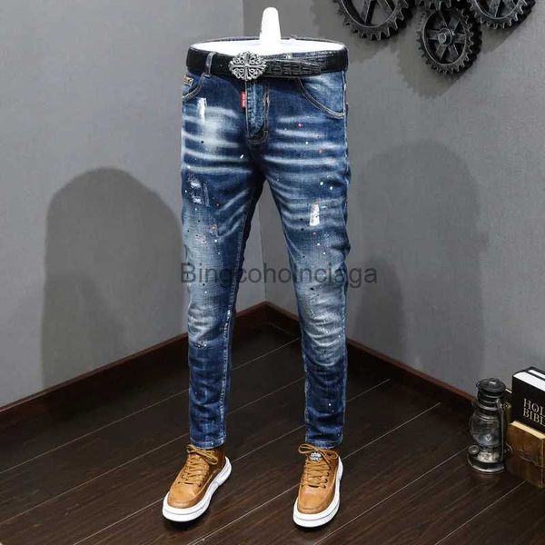 Jeans da uomo Stilista Jeans da uomo Retro Blu Stretch Slim Fit Jeans strappati dipinti Uomo Stile coreano Pantaloni denim casual vintage HombreL231003