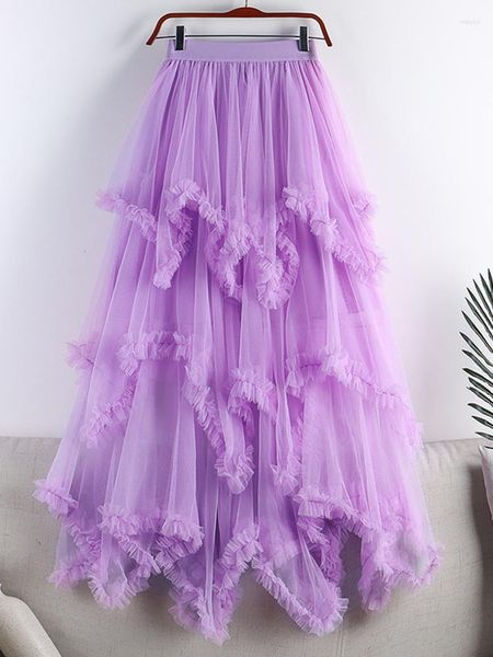 Saias tutu tule saia longa para mulheres 2023 verão coreano estética bonito malha irregular cintura alta maxi feminino roxo rokken