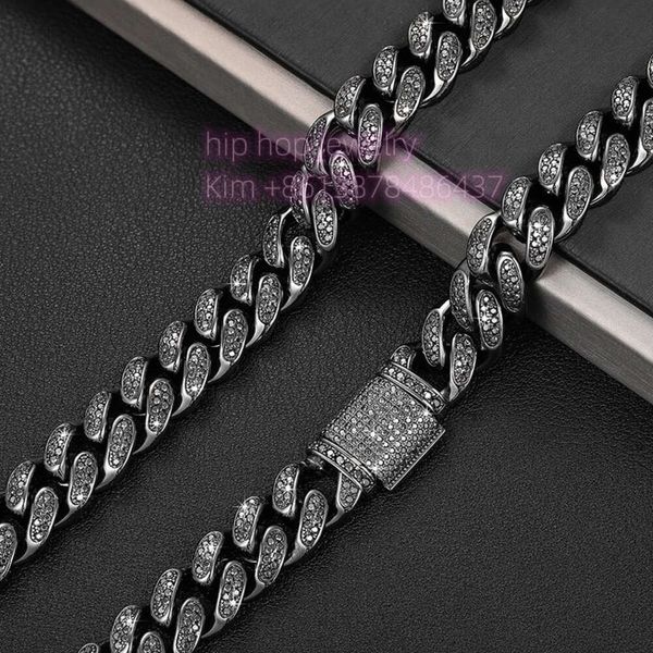 Marke Mode Frau Hip Hop Schmuck Schwarz Moissanit 12mm Miami Kubanische Kette Rundschliff Diamant 925 Silber Halskette