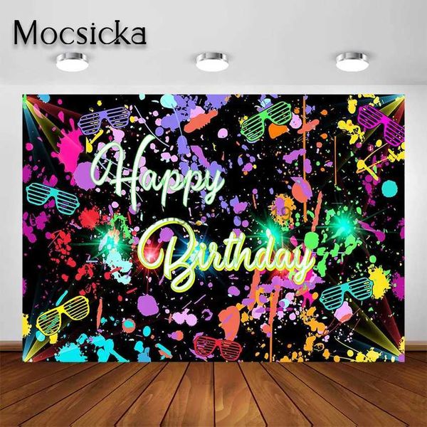 Hintergrundmaterial Mocsicka Neon Geburtstagsparty-Hintergrund Let's Glow in The Dark Graffiti Splatter Happy Birthday Party Banner Fotoshooting-Hintergrund YQ231003