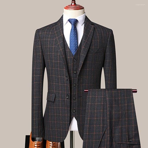 Ternos masculinos agradável xadrez blazer calças colete negócios três peças conjunto noivo vestido de casamento fino alta qualidade jaqueta casaco calças