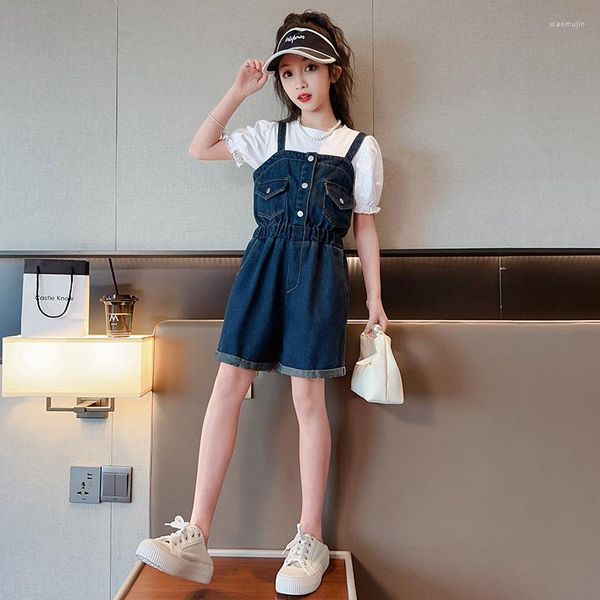 Kleidung Sets Sommer Mädchen Casual Set Baumwolle Mode Mittleren Und Großen Jungen Koreanische Version Ausländischen Stil Denim Strap Hosen t-shirt