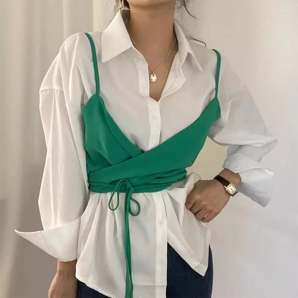 Camicette da donna Clothland Donna Dolce camicetta bianca con camicetta Crop Top Camicia a maniche lunghe basic Elegante casual a due pezzi TA954