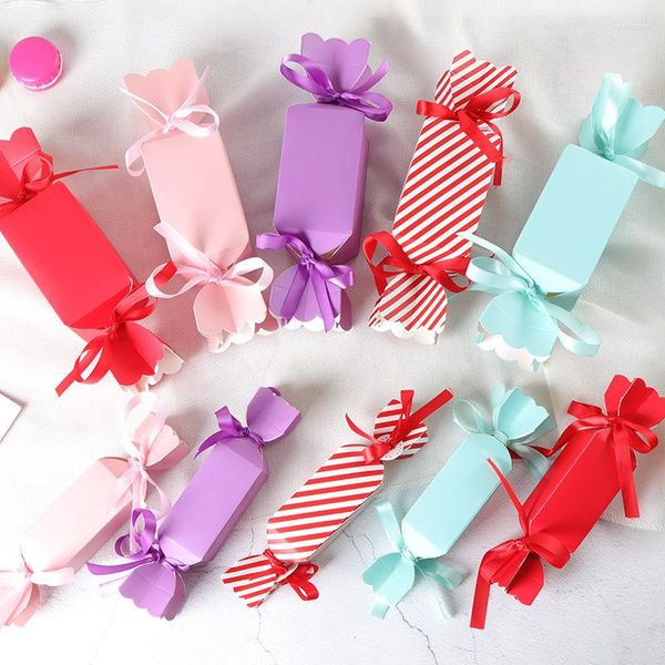 Geschenkverpackung 10 Stück lila rote Streifen Tasche Bevorzugungsbox süß für Papier Süßigkeitenboxen Party Event Schokoladenpaket Hochzeitsversorgung