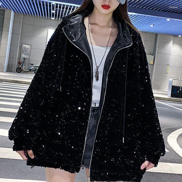 Jaquetas femininas estação europeia outono e inverno indústria pesada lantejoulas com capuz solto grande glitter cardigan jaqueta