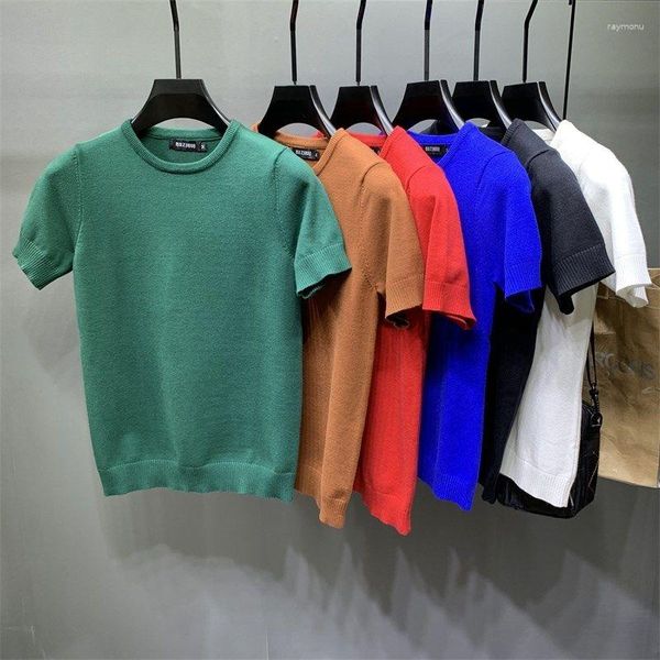 Maglioni da uomo 2023 Estate Moda maschile S Manica corta Top Maglione tinta unita Pullover O-Collo Slim T-shirt lavorate a maglia